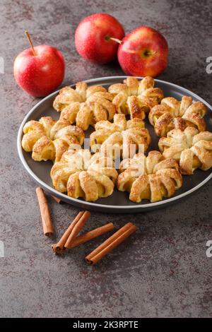 Anelli di mela cotti in pasta sfoglia con zucchero e cannella primo piano in una ciotola sul tavolo. Verticale Foto Stock