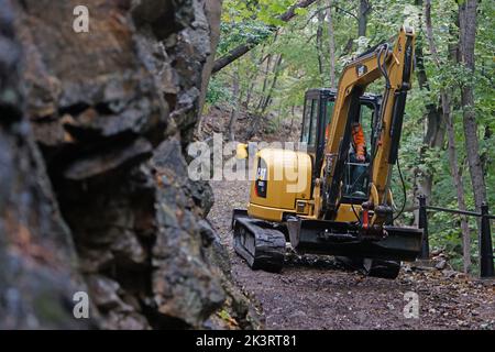 28 settembre 2022, Sassonia-Anhalt, Thale: I dipendenti del cantiere edile della città di Thale e l'Harzklub liberare il percorso del presidente in Thale da detriti. Sentieri escursionistici intorno a Thale chiuso dopo la tempesta. Dopo una tempesta all'inizio di settembre, la Valle del Bode nelle Harz Mountains rimarrà chiusa fino alla primavera del 2023. Tra Treseburg e Thale frane e alberi caduti aveva gravemente danneggiato alcuni sentieri escursionistici, ha detto un portavoce per la città di Thale Lunedi. L'impresa forestale statale Ostharz e la città di Thale ora vogliono ripristinare i sentieri escursionistici nel mese di ottobre. Dopo il solito wint annuale Foto Stock