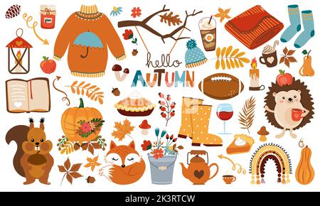 Ciao autunno - carini personaggi animali ed elementi da giardino. Una collezione di scrapbook di elementi della stagione autunnale. Maglione accogliente, palla di calcio americana, woodla Illustrazione Vettoriale