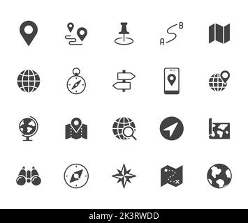 Illustrazione piatta della posizione con icone: Bussola, viaggio, globo, mappa, area geografica, massa, distanza, illustrazione del vettore di direzione. Glifo semplice Illustrazione Vettoriale