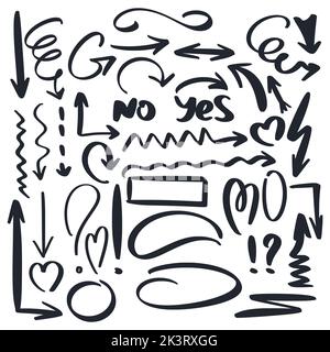 Set di elementi disegnati a mano per uno stile di design da doodle. Dettagli per disegni concettuali. Tracciare frecce isolate, linee, segni e altro ancora Illustrazione Vettoriale