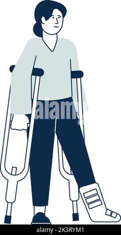 Donna su stampelle. Caviglia rotta. Paziente con gamba in bendaggio Illustrazione Vettoriale