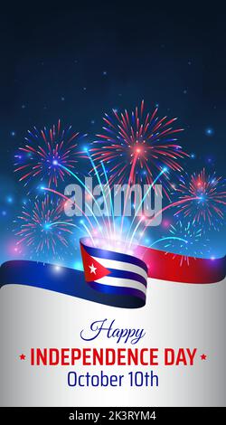 10 ottobre, giorno di indipendenza cuba. Bandiera cubana ondulata e fuochi d'artificio colorati su sfondo cielo blu. Festa nazionale di cuba 10th ottobre. Giornata dell'indipendenza Illustrazione Vettoriale