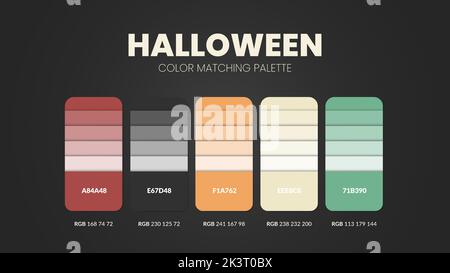 Le tavolozze di colori o gli schemi di colore di Halloween sono combinazioni di tendenze e guide della tavolozza quest'anno, una tabella tonalità di colore in RGB o ESADECIMALE. Un colore swat Illustrazione Vettoriale