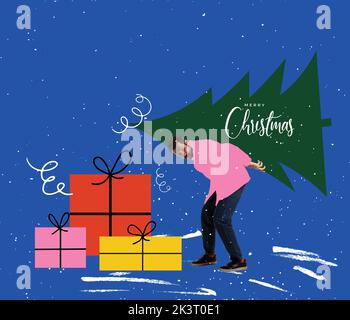 Opere d'arte luminose con un giovane uomo che porta un albero di Natale verde disegnato. Inverno, vacanze, desideri e viaggi, avventure. Collage contemporaneo. Foto Stock