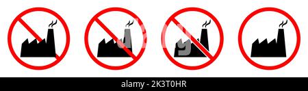 Cartello di divieto di fabbrica. L'industria è vietata. Set di segnali di divieto rossi di fabbrica. Illustrazione vettoriale Illustrazione Vettoriale