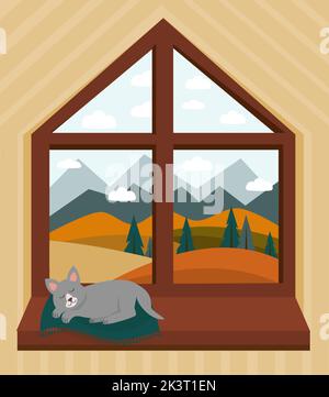Gatto è seduto sul davanzale. Vista dalla finestra autunnale Illustrazione Vettoriale
