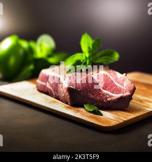 Bistecca cruda di manzo su tavola di legno con condimento. Foto Stock