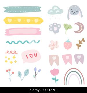 Illustrazioni del bambino della scuola materna. Elementi di cartone animato per una vacanza di un bambino. Collezione di diversi elementi carini. Illustrazione vettoriale Illustrazione Vettoriale