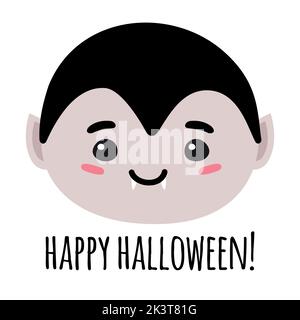 Vettore piatto mano disegnata cute vampiro faccia e happy Halloween scritta isolato su sfondo bianco Illustrazione Vettoriale