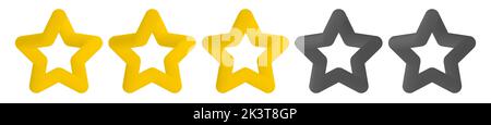 Tre stelle d'oro da cinque. Valutazione di qualità di un prodotto a cinque stelle. Icona vettoriale 3D isolata per il prodotto di revisione, il sito Web Internet e l'applicazione mobile su w Illustrazione Vettoriale