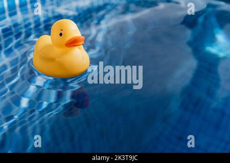 Anatra giocattolo di gomma gialla galleggiante sulla superficie liscia dell'acqua nella piscina blu Foto Stock