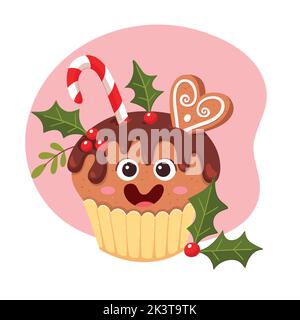 Divertente cupcake natalizio con guarnizione al cioccolato. Canna caramella, biscotti e foglie agrifoglio decorazione. Collezione di caramelle natalizie. Illustrazione vettoriale. Illustrazione Vettoriale
