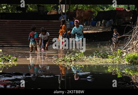 Nuova Delhi, Delhi, India. 28th Set, 2022. I bambini giocano in acqua sulle rive allagate del fiume Yamuna a Nuova Delhi. Le rive del fiume Yamuna si allagarono a causa delle forti precipitazioni a Nuova Delhi. (Credit Image: © Kabir Jhangiani/ZUMA Press Wire) Foto Stock