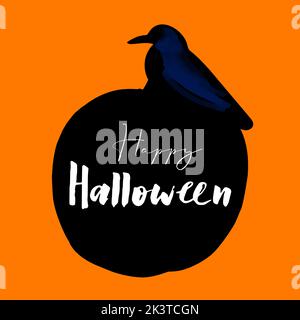 Felice illustrazione di Halloween con corvo nero su sfondo arancione Foto Stock