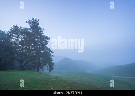 Capitale storica lituana Kernave, paesaggio nebbioso di tumuli di Kernave Foto Stock