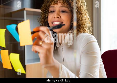 Attraverso la parete di vetro vista del raccolto allegro lavoratore etnico femmina prendere appunti su adesivo mentre si lavora sul progetto Foto Stock