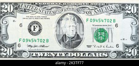 Grande frammento del lato obverse di $20 $venti banconote di dollari la serie 1995 con il ritratto del presidente Andrew Jackson, vecchio ba americano di soldi Foto Stock