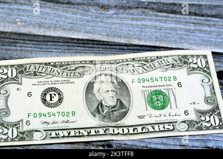 Lato opposto di $20 $venti dollari banconote in denaro serie 1995 con il ritratto del presidente Andrew Jackson, vecchia banconota americana, vintage Foto Stock