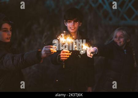 Gruppo di giovani amici irriconoscibili e sfocati che giocano con scintille sulla foresta Foto Stock