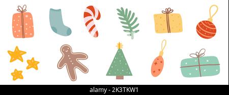 Illustrazioni di Natale. Elementi di cartone animato per una vacanza di natale. Collezione di diversi elementi decorativi. Illustrazione vettoriale Illustrazione Vettoriale