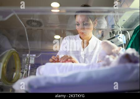 Da sopra raccolto donna infermiera che tiene piede piccolo di malato piccolo bambino sdraiato in incubatore infantile in UTI in ospedale Foto Stock