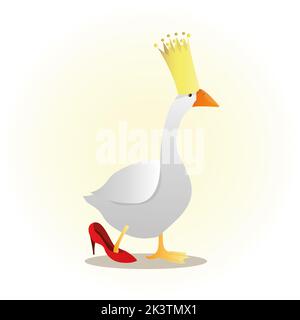 oca bianca con scarpe rosse con tacco alto e corona dorata Foto Stock