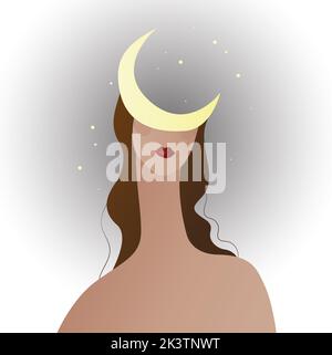 Giovane donna bella si alza con la luna sulla testa e le stelle che brillano intorno. Il personaggio dei cartoni animati femminili si erge in un lungo vestito di moda ocra senese isolato. Foto Stock