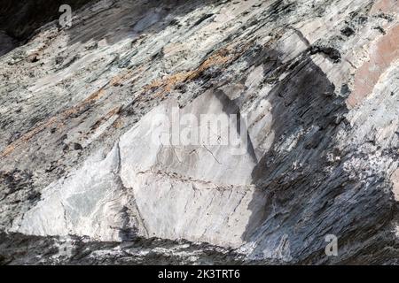 Antiche incisioni rupestri di un antico uomo sulle rocce della Siberia. I disegni raffigurano animali e persone Foto Stock