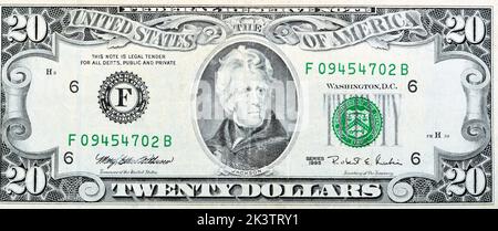 Grande frammento del lato obverse di $20 $venti banconote di dollari la serie 1995 con il ritratto del presidente Andrew Jackson, vecchio ba americano di soldi Foto Stock