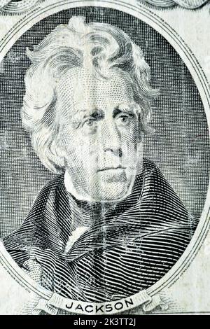 Ritratto del presidente Andrew Jackson dal lato obverse di una vecchia banconota da $20 venti dollari $1995, vecchia banconota americana, v Foto Stock