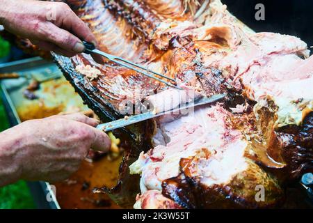 Le mani dello chef tagliano carne di maiale intera alla griglia per le bistecche con il coltello. Maiale alla griglia tradizionale carbone e fuoco. Il piccolo maialino è arrostito intero su un fuoco aperto Foto Stock