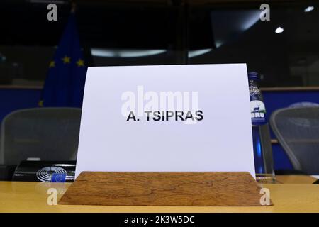 Bruxelles, Belgio. 28th Set, 2022. I membri del Parlamento europeo e greco partecipano alla celebrazione del Centenario della nascita di Manolis Glezos al Parlamento europeo, a Bruxelles, il 28 settembre 2022. Credit: ALEXANDROS MICHAILIDIS/Alamy Live News Foto Stock