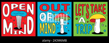 Open MIND, out of MIND, Let Take A Trip - poster tipografici con funghi. illustrazione a fungo in stile hippie 70s. Poster a fungo psichedelici Illustrazione Vettoriale