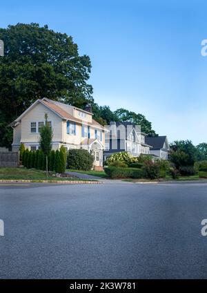 Vista su strada della linea di case in un ambiente suburbano all'aperto con erba, alberi e cielo blu chiaro Foto Stock