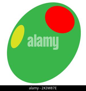 Un'oliva verde farcita con pepe rosso, colori verde e rosso, fondo bianco, disegno oliva, adatto per etichetta e segno di oliva, oliva min Foto Stock