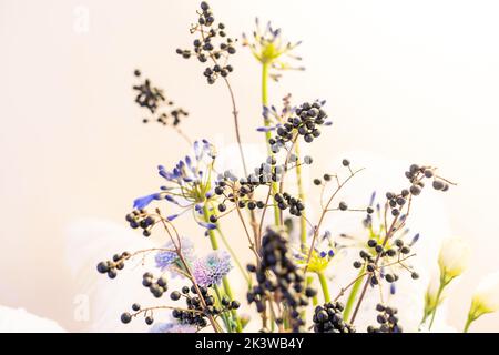 Bella composizione floreale con fiori autunnali e bacche. Bouquet autunnale in vaso d'annata su sfondo bianco Foto Stock