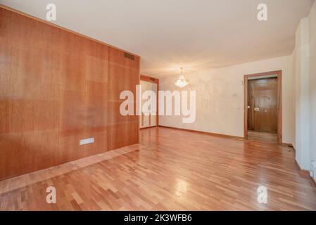 Camera vuota con una parete coperta da un murale in vernice di legno in un colore che si abbina ai pavimenti in parquet Foto Stock