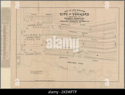 Mappa dei lotti situati nella città di Yonkers: Appartenenti a Frederic Shonnard da vendere all'asta in loco, Giovedi 24 ottobre, alle ore 2 Cartographic. Mappe, mappe catastali. 1889. Lionel Pincus e la Principessa Firyal Map Division. Shonnard, Frederic , Proprietà , New York (Stato) , Yonkers, aste di proprietà immobiliari , New York (Stato) , Yonkers, Yonkers (N.Y.) Foto Stock