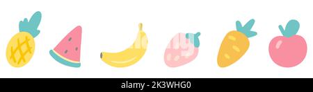 Cartoon raccolta di frutta e verdura. Icone di cibo carino in stile piatto disegnato a mano. Elementi decorativi diversi. Illustrazione vettoriale Illustrazione Vettoriale