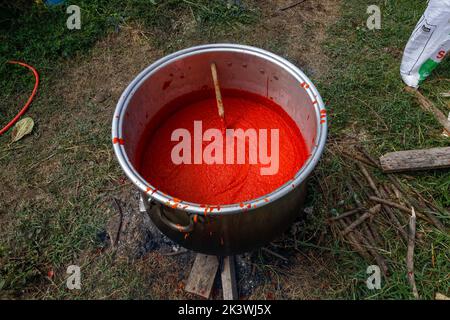 Primo piano su una pentola grande con un cucchiaio di legno che mescola ketchup caldo o salsa di pomodoro o zuppa mentre si cucina all'aperto fatta in casa con la ricetta tradizionale bio foo Foto Stock