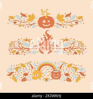 Cornice retrò con elementi Halloween in stile anni '70s. Illustrazione Vettoriale