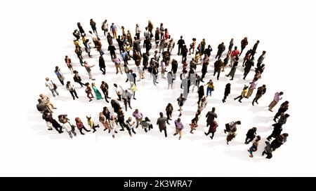 Concetto grande comunità di persone che formano l'immagine di un diploma di laurea su sfondo bianco. Una metafora di illustrazione del 3D per il successo accademico Foto Stock