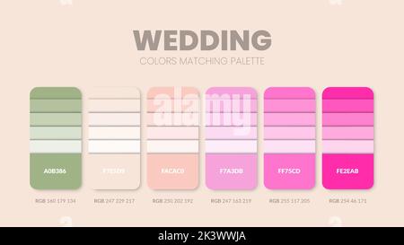 Schema colore matrimonio. Guida alle combinazioni di trend a colori e alla tavolozza. Esempio di sfumature di colore della tabella in RGB e ESADECIMALE. Campione di colore per la moda, la casa, inter Illustrazione Vettoriale