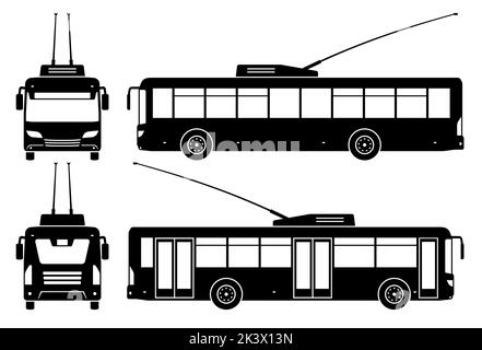 Silhouette filobus su sfondo bianco. Le icone del veicolo impostano la vista laterale, anteriore e posteriore Illustrazione Vettoriale
