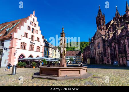 La fontana Fischbrunnen a Münsterplatz con la cattedrale gotica di Friburgo sullo sfondo, Friburgo in Breisgau, Germania Foto Stock
