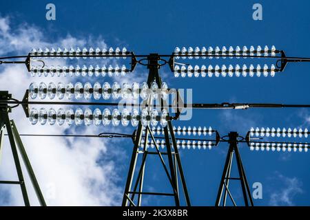 Isolatori in vetro su una linea ad alta tensione, sui poli appendono come dispositivo di sospensione tra il polo e il cavo sotto tensione, non isolato, est Foto Stock