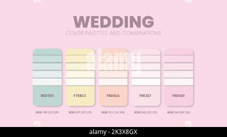 Schema colore matrimonio. Guida alle combinazioni di trend a colori e alla tavolozza. Esempio di sfumature di colore della tabella in RGB e ESADECIMALE. Campione di colore per la moda, la casa, inter Illustrazione Vettoriale