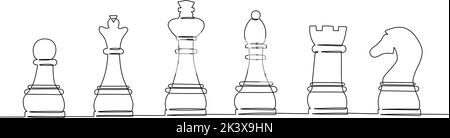 Disegno continuo di una linea di pezzi di scacchi. Illustrazione vettoriale Illustrazione Vettoriale
