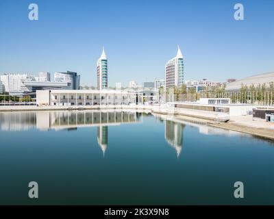 Riprese aeree del Parco delle Nazioni a Lisbona (Parque das Nações) Foto Stock